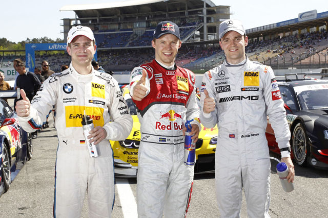 DTM 2012 Saisonauftakt Hockenheimring Top 3 Qualifying Dirk Werner, Mattias Ekström und Jamie Green v.l.n.r.