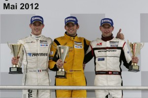 Porsche Carrera Cup Deutschland 2012 Podium 4. Lauf Lausitzring Kévin Estre (F), Sean Edwards (GB), Michael Christensen (DK)