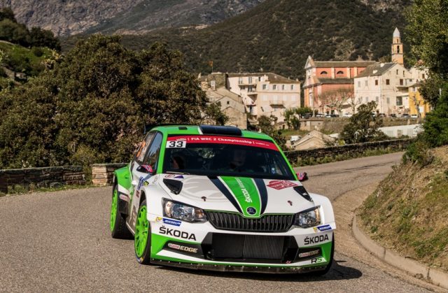 Skoda Fabia R5 bei der Rallye Frankreich/Tour de Corse 2018: Nach dem zweiten Tag der Rallye Frankreich/Tour de Corse 2018 liegen Ole Christian Veiby/Stig Rune Skjaermoen (NOR/NOR) auf Rang drei in der WRC 2-Zwischenwertung. © Skoda Motorsport