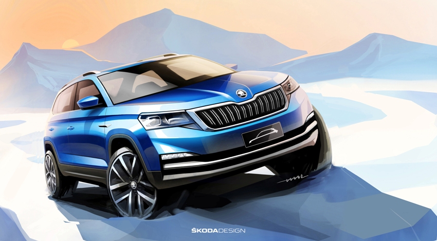 Neuer SKODA für China – erste Skizzen des Mainstream-City-SUV: Grill und Schweinwerfer bilden eine Einheit. Die unteren Seitenelemente fließen zum Heck und verstärken dabei optisch die markanten Radkästen. © Skoda