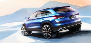 Neuer SKODA für China – erste Skizzen des Mainstream-City-SUV: Die kristallinen Gestaltungselemente, die alle SKODA SUV-Modelle gemeinsam haben, spiegeln den robusten Auftritt des neuen Mainstream City-SUV wider. © Skoda