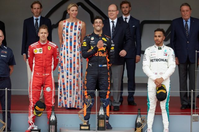 Formel 1 - Mercedes-AMG Petronas Motorsport, Großer Preis von Monaco 2018. Lewis Hamilton , Daniel Ricciardo, Sebastian Vettel (v.rn.l.) © Mercedes-AMG Petronas Motorsport