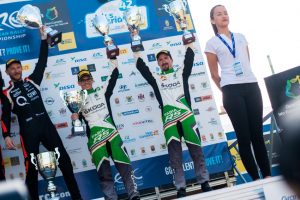 Das Skoda AUTO Deutschland Duo Fabian Kreim/Frank Christian (D/D) feiert auf Gran Canaria den ersten gemeinsamen Podestplatz in der FIA Rallye-Europameisterschaft (ERC). Links daneben: Rallye-Gesamtsieger Alexey Lukyanuk (Russland). © Skoda Motorsport