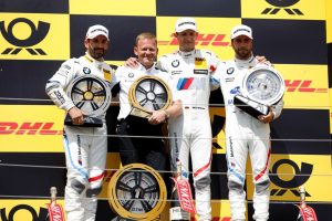 DTM 2018 Hungaroring (HUN) BMW M Motorsport, DTM, Round 3, Podium, Winner Marco Wittmann (GER), BMW Driving Experience M4 DTM, BMW Team RMG, 2nd Timo Glock (GER), DEUTSCHE POST BMW M4 DTM, BMW Team RMR, 3rd Philipp Eng (AUT), SAMSUNG BMW M4 DTM, BMW Team RMR, Stefan Reinhold (GER), team principal, BMW Team RMG © BMW Motorsport