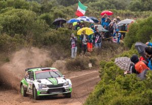 Rallye Italien Skoda WRC2 Die amtierenden Tschechischen Meister Jan Kopecký und Pavel Dresler (CZE/CZE) belegen im SKODA FABIA R5 Rang zwei in der WRC 2-Zwischenwertung nach dem zweiten Tag der Rallye Italien Sardinien © Skoda Motorsport