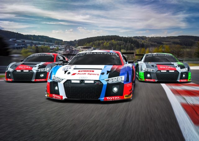 24h Spa 2018 Audi R8 LMS #1 (Audi Sport Team WRT), Christopher Mies/Alex Riberas/Dries Vanthoor; Audi R8 LMS #25 (Audi Sport Team Saintéloc), Christopher Haase/Frédéric Vervisch/Markus Winkelhock; Audi R8 LMS #2 (Audi Sport Team WRT), Robin Frijns/Nico Müller/René Rast © Audi AG