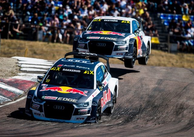 Rallycross WM, Höljes Audi S1 EKS RX quattro #13 (EKS), Andreas Bakkerud, Audi S1 EKS RX quattro #5 (EKS), Mattias Ekström &cop; Malte Christians