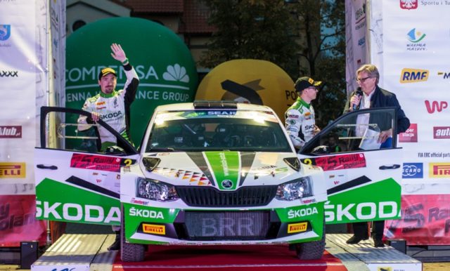 Erfolgsserie in der FIA Rallye-Europameisterschaft (ERC): Fabian Kreim und Frank Christian (D/D) schaffen bei der Rallye Polen als Dritte der U28-Wertung ihren vierten Podestplatz in dieser Klasse in Folge © Skoda Motorsport