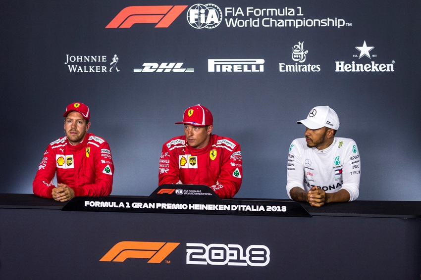 PK nach dem Qualifying zum GP von Italien Sebastian Vettel Kimi Raikkönen Lewis Hamilton (v.l.n.r.) &ciopy; Scuderia Ferrari