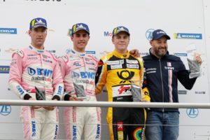 Porsche Carrera Cup Deutschland 2018 Podium Michael Ammermüller (D), BWT Lechner Racing, Thomas Preining (A), BWT Lechner Racing, Gustav Malja (S), Team Deutsche Post by Project 1, Walter Lechner jr © Porsche Motorsport