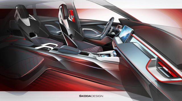 VISION RS Skoda zeigt Designvideo und Innenraumskizzen der VISION RS: Carbon-Elemente, Sportsitze und die speziell designten Türschlaufen unterstreichen die sportliche DNA im Interieur der VISION RS. Dekorelemente aus handgefertigtem Kristallglas setzen markante Highlights © Skoda