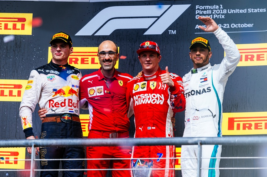 Formel 1 GP der USA Siegerehrung Formel 1 GP der USA 2018 Podium Max Verstappen Kimi Raikkönen Lewis Hamilton © Scuderia Ferrari