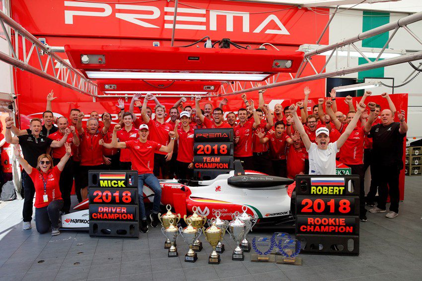 FIA Formel 3 EM FIA Formel 3 EM PREMA Theodore Racing Team with 4 Mick Schumacher (DEU), 8 Marcus Armstrong (ITA), 7 Ralf Aron (EST), 1 Guanyu Zhou (CHN), 10 Robert Shvartzman (RUS) © F3 EM