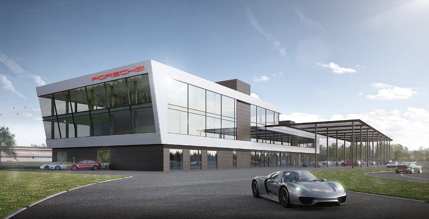 Porsche Experience Center Hockenheimring Das dreistöckige Gebäude mit perfekter Sicht auf die Strecken Porsche Experience Center Hockenheimring Das dreistöckige Gebäude mit perfekter Sicht auf die Strecken © Porsche