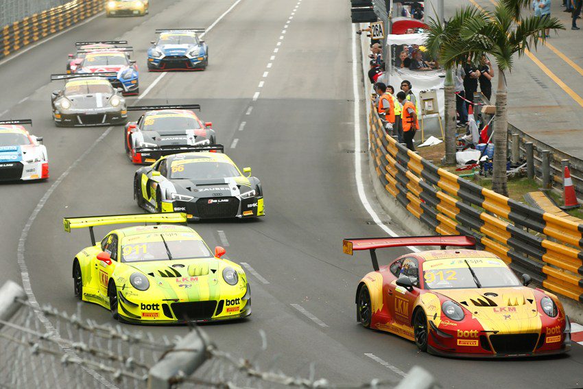 Macau Grand Prix 2018 Macau Grand Prix 2018 Porsche 911 GT3 R, Manthey-Racing (911), Laurens Vanthoor (B), Manthey-Racing (912), Earl Bamber (NZ), Macau 2018 (l-r) © Porsche Motorsport