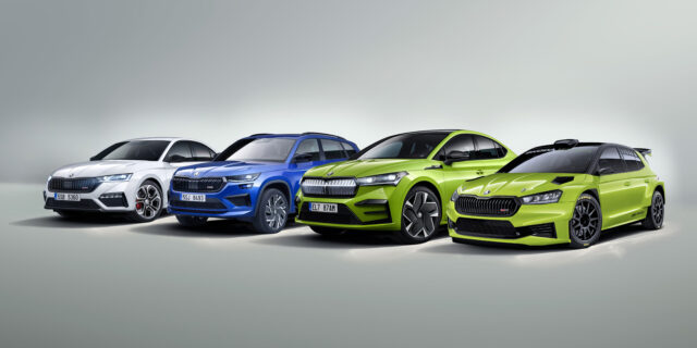 Skoda OCTAVIA RS, KODIAQ RS, ENYAQ COUPÉ RS iV und FABIA RS Rally2 (v.l.nr.) OCTAVIA RS, KODIAQ RS, ENYAQ COUPÉ RS iV und FABIA RS Rally2 (v.l.nr.)