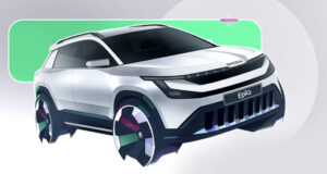 Vor Weltpremiere – Skoda zeigt erste Innenraumskizzen des Eqiq Vor Weltpremiere des batterieelektrischen Epiq Designskizze des Eqiq