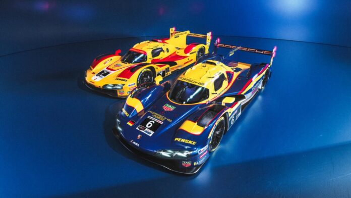 Porsche 963, Porsche Penske Motorsport (#6) in Sunoco-Porsche-Farben und Porsche Penske Motorsport (#7) in Porsche RS Spyder-Farben